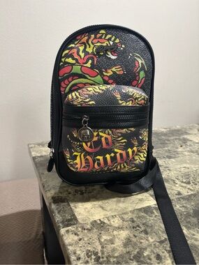 Ed Hardy Black  Bag with Red, Yellow & Green Flame Graphic